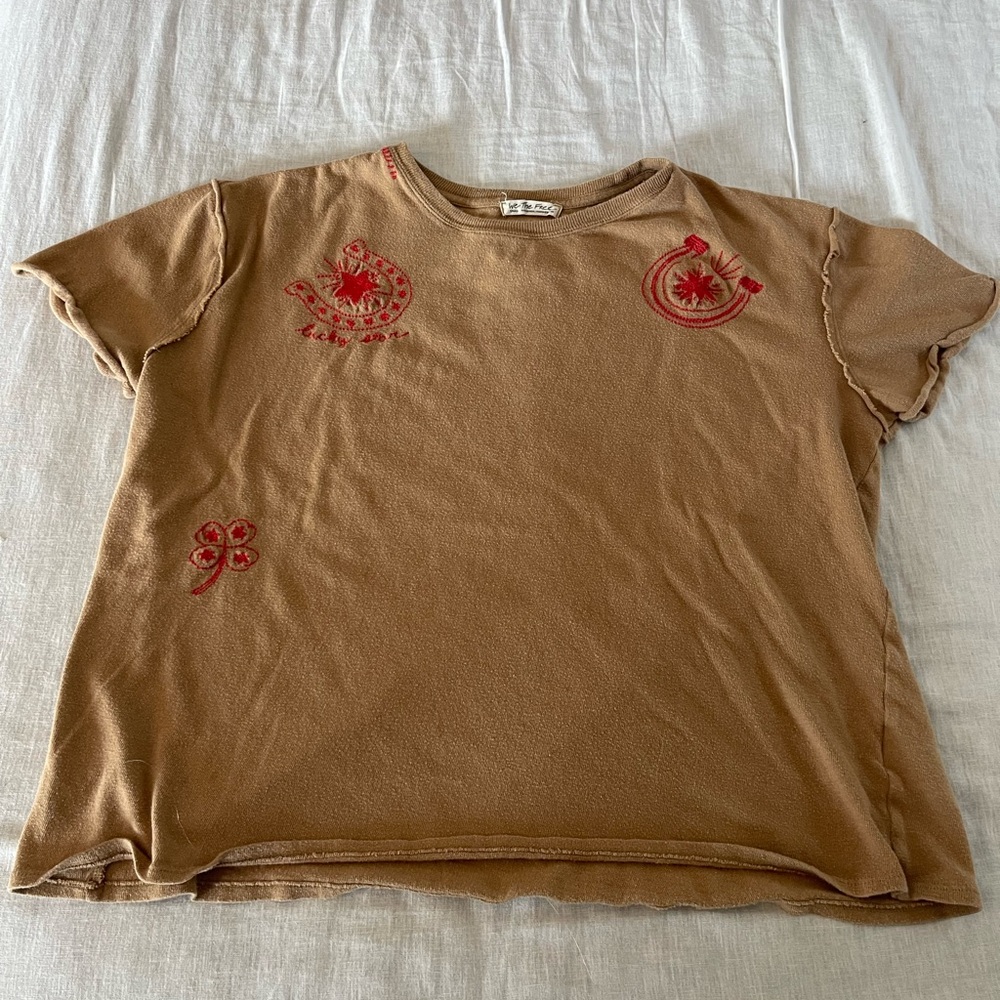 Free People Lucky Brown T-Shirt with Red Horseshoe Embroidery